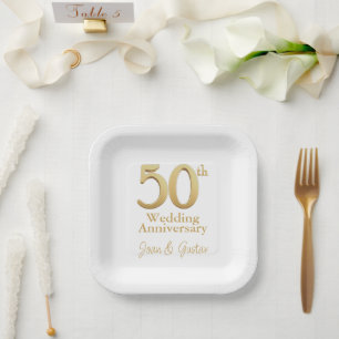 50th Wedding Anniversary White and Gold Paper Plates