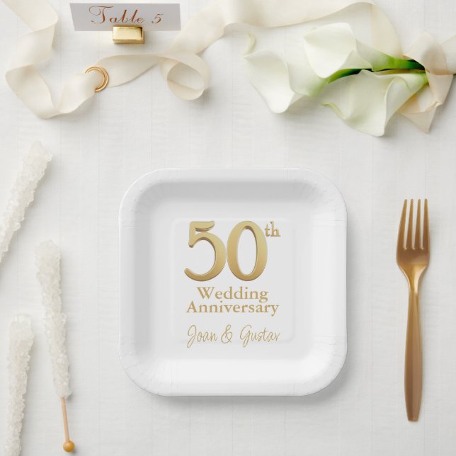 50th Wedding Anniversary | White and Gold Paper Plates (Wedding)