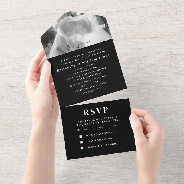 50th Wedding Anniversary White Black Photo All In One Invitation (Tearaway)