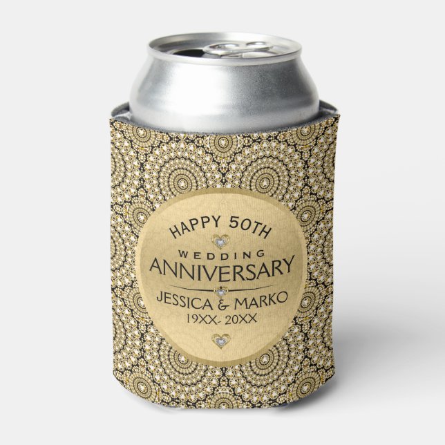 50th Wedding Anniversary White Diamonds & Gold Can Cooler (Can Front)