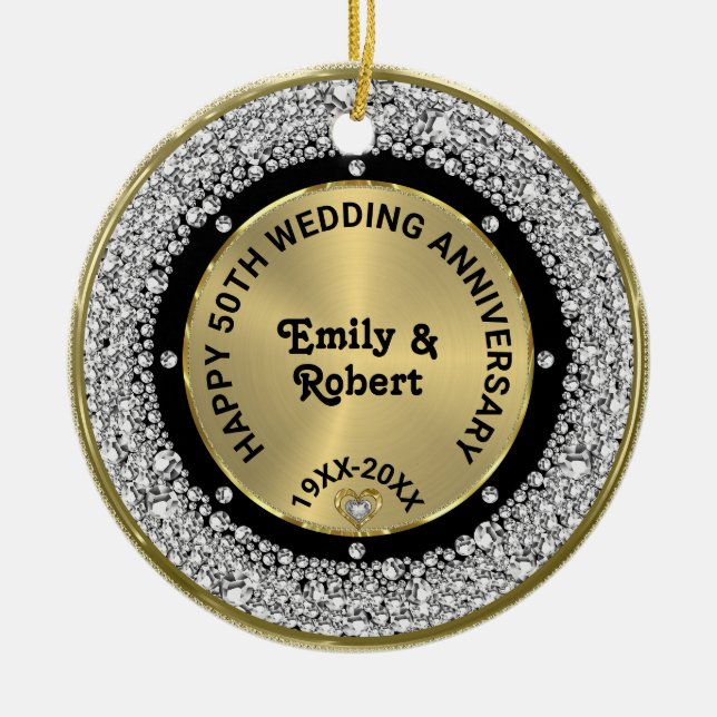 50th wedding Anniversary white diamonds & gold Ceramic Ornament (Front)