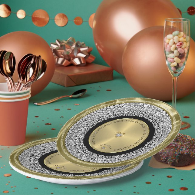 50th wedding Anniversary white diamonds & gold Rou Paper Plates (Multi)