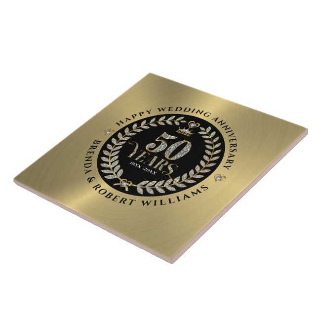 50th wedding anniversary white glitter and gold ceramic tile (Side)