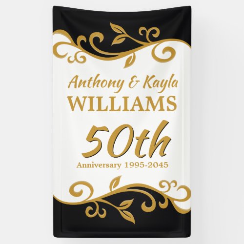 50th Wedding Anniversary White Gold Black Flourish Banner