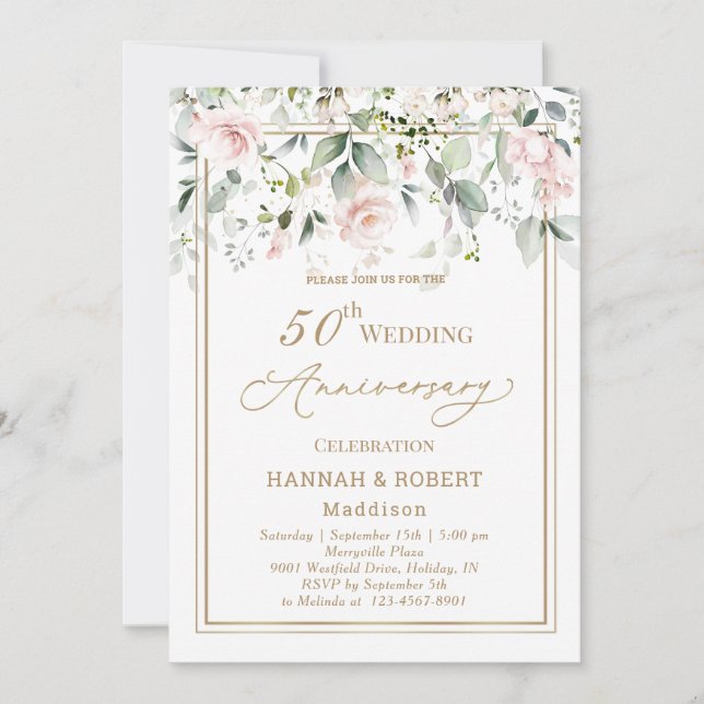 50th Wedding Anniversary White Pink Roses Invite (Front)