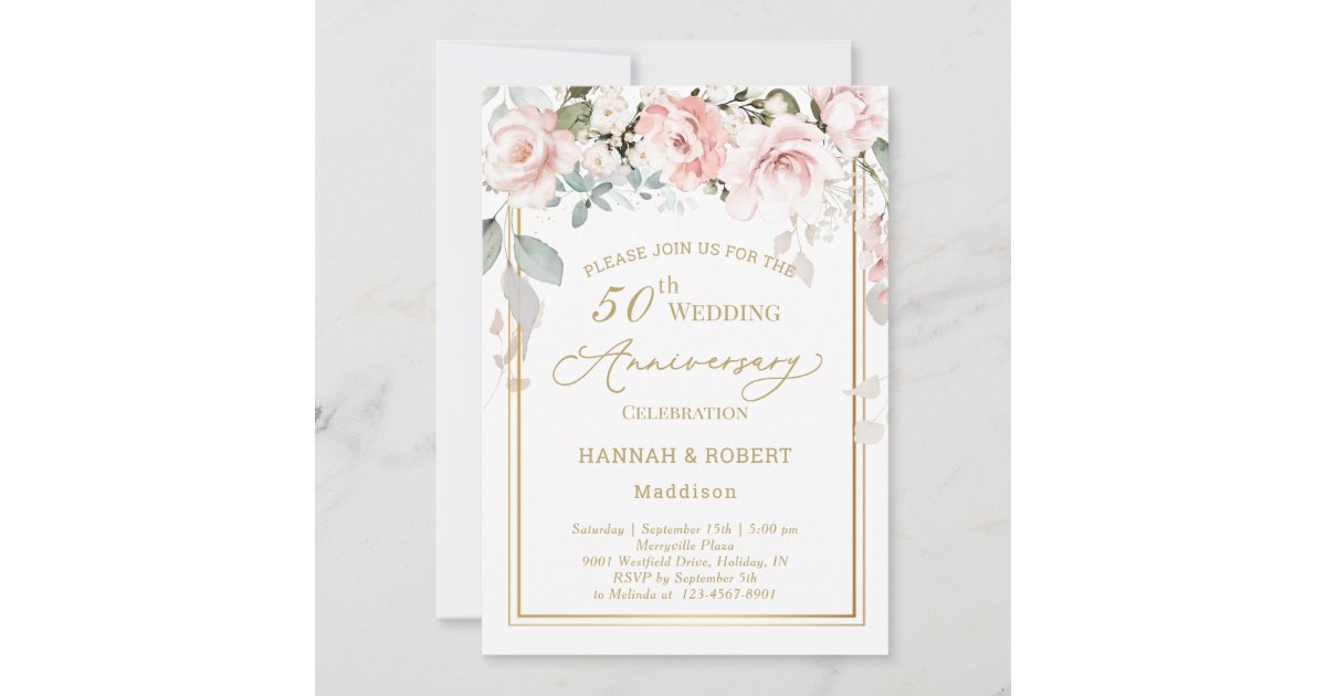 Pink Roses Invite 50th Wedding Anniversary White Pink Roses Invite | Zazzle