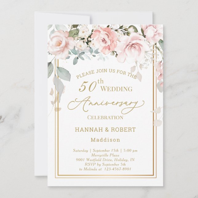 50th Wedding Anniversary White Pink Roses Invite (Front)