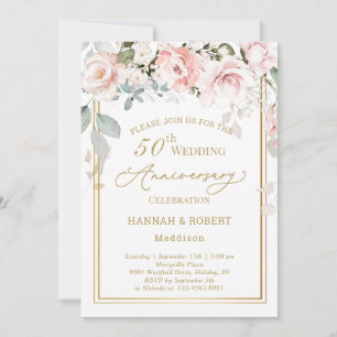 50th Wedding Anniversary White Pink Roses Invite