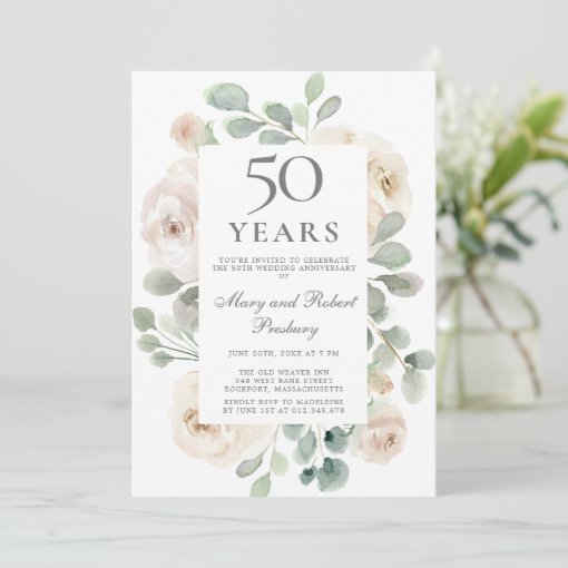 50th Wedding Anniversary White Rose Floral Invitation | Zazzle