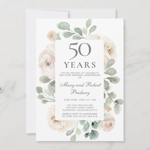 50th Wedding Anniversary White Rose Floral Invitation