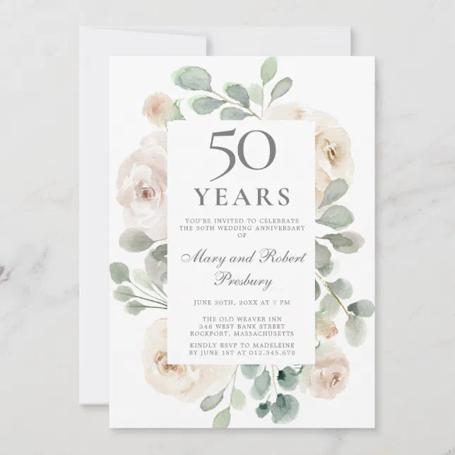 50th Wedding Anniversary White Rose Floral Invitation | Zazzle