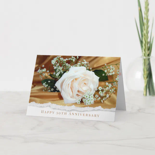 50th wedding anniversary white rose on gold card | Zazzle