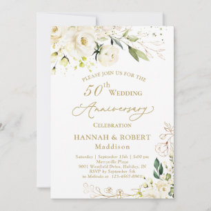 50th Wedding Anniversary White Roses Foliage Invitation