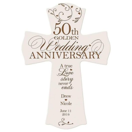 50th Wedding Anniversary White Wooden Wall Cross (Front View)