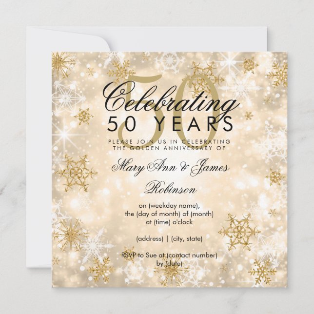 50th Wedding Anniversary Winter Sparkle Gold  Invitation (Front)