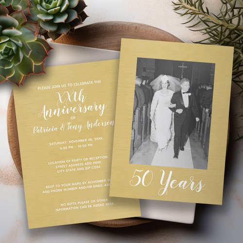 50th Wedding Anniversary with Photo _ Brushed Gold Invitation