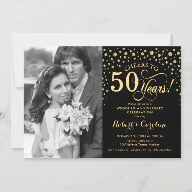 50th Wedding Anniversary with Photo - Gold Black Invitation | Zazzle