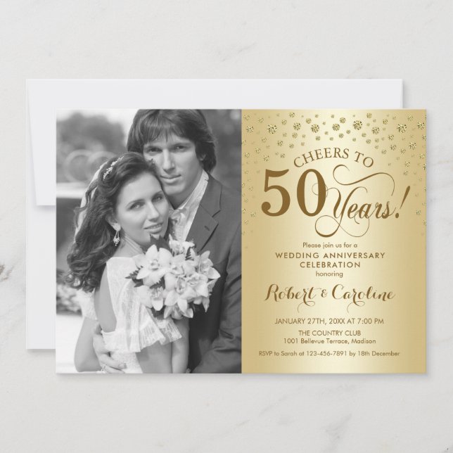 50th Wedding Anniversary with Photo - Gold Invitation (Front)