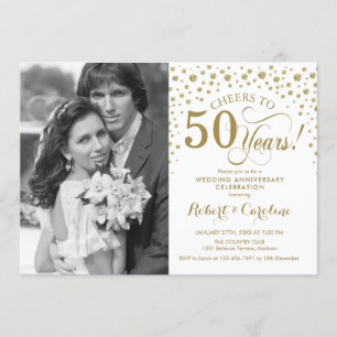 50th Wedding Anniversary with Photo - Gold White Invitation