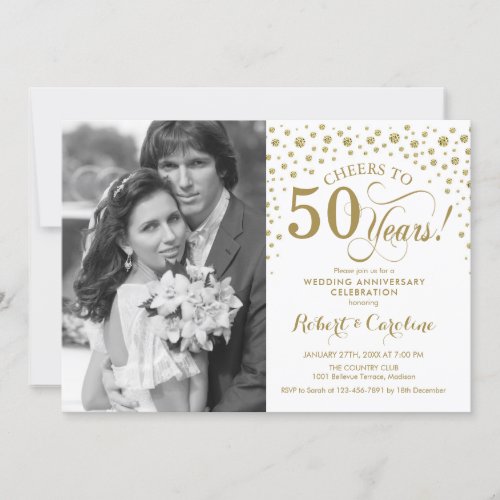 50th Wedding Anniversary with Photo _ Gold White Invitation