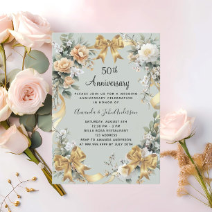 50th wedding anniversary yellow florals gold bow invitation