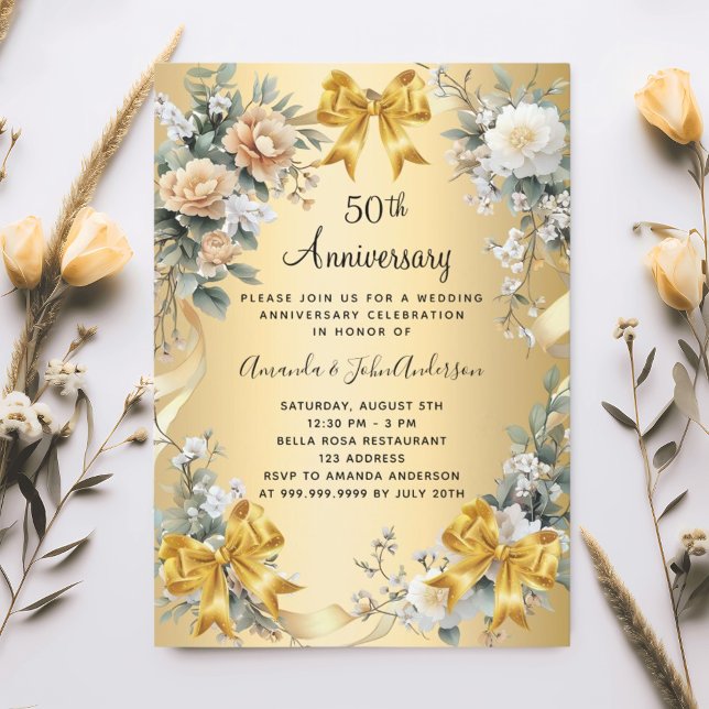 50th wedding anniversary yellow florals gold bows invitation (Creator Uploaded)