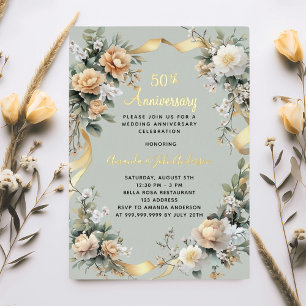 50th wedding anniversary yellow florals gold foil invitation