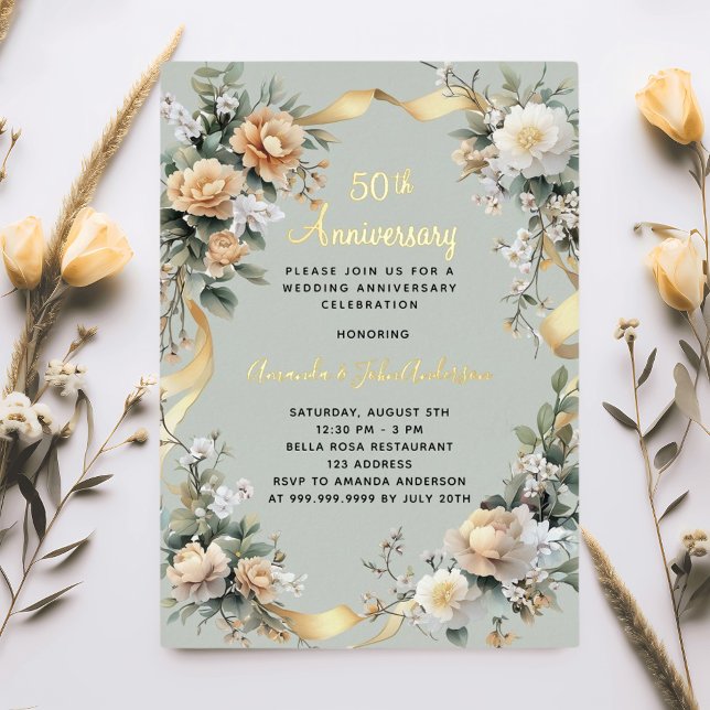 50th wedding anniversary yellow florals gold foil invitation (Creator Uploaded)