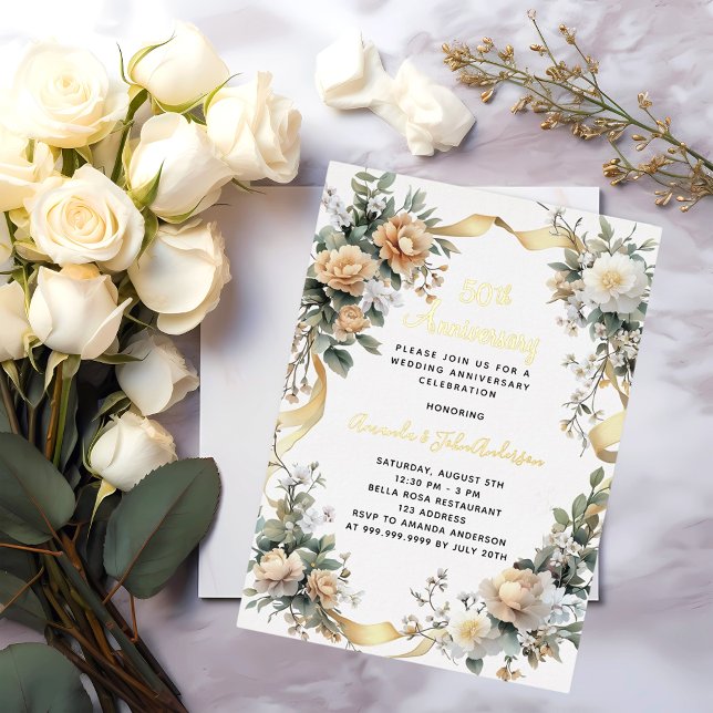 50th wedding anniversary yellow florals gold foil invitation (Creator Uploaded)
