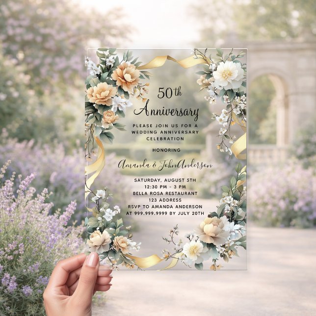 50th wedding anniversary yellow florals golden acrylic invitations (Creator Uploaded)