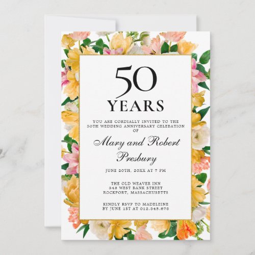 50th Wedding Anniversary Yellow Pink Floral Invitation