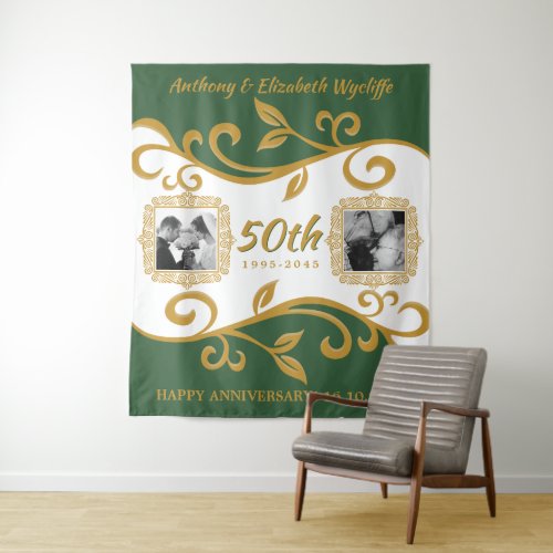 50th Wedding Anniversary Your Photos Green Gold Tapestry