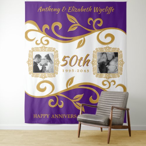 50th Wedding Anniversary Your Photos Purple Gold Tapestry