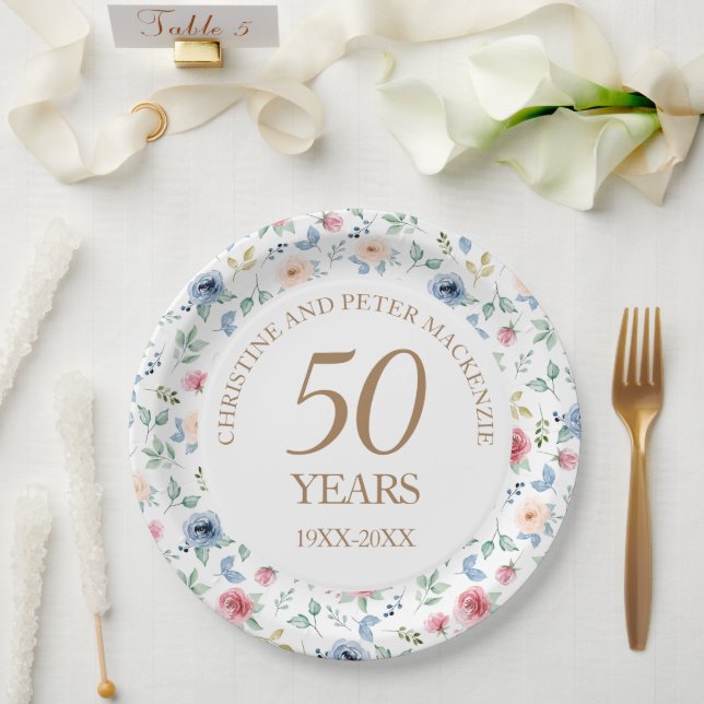 50th Wedding Blush Roses Anniversary Paper Plates (Wedding)