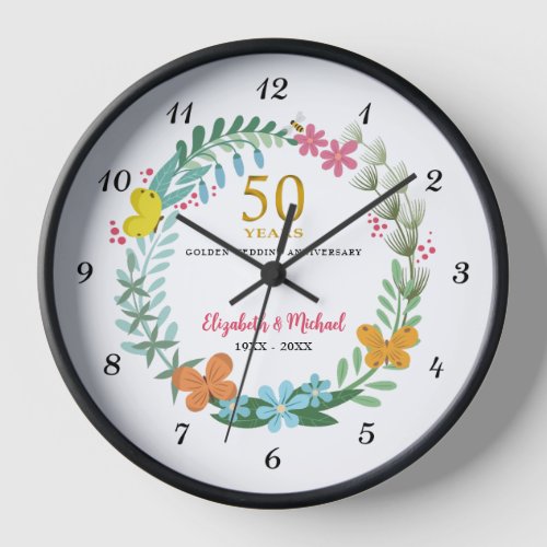 50th Wedding Golden Anniversary Floral Butterfly Clock