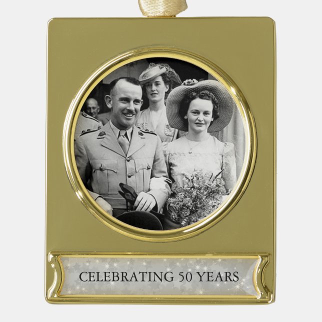 50th Wedding Golden Anniversary Photo Template 3 Gold Plated Banner Ornament (Front)