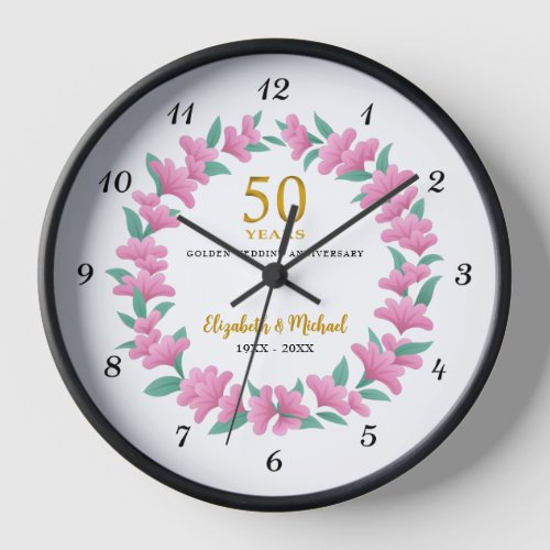50th Wedding Golden Anniversary Pink Floral Wreath Clock