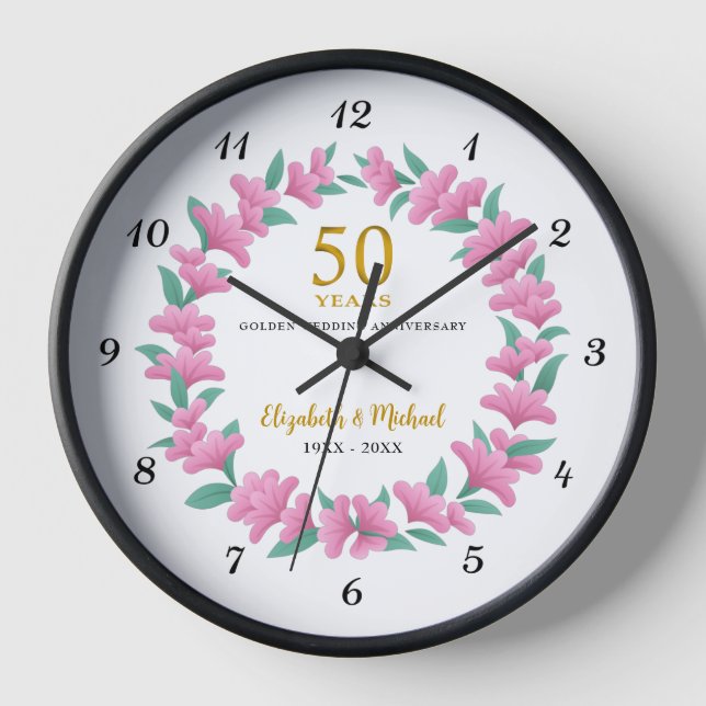 50th Wedding Golden Anniversary Pink Floral Wreath Clock (Front)