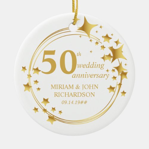 50th Wedding Photo Gold Star Wreath Personalized Ceramic Ornament
