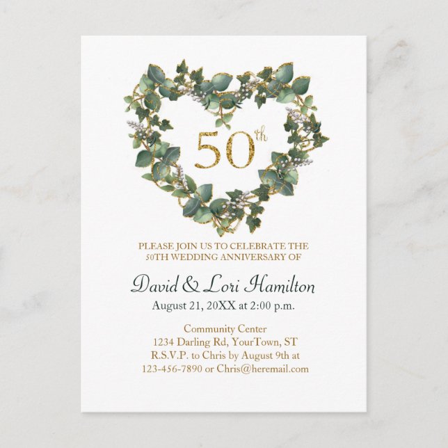 50th Wedding Watercolor Ivy Heart Wreath Postcard (Front)