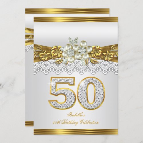50th White Pearl Gold Lace Floral Birthday Party Invitation