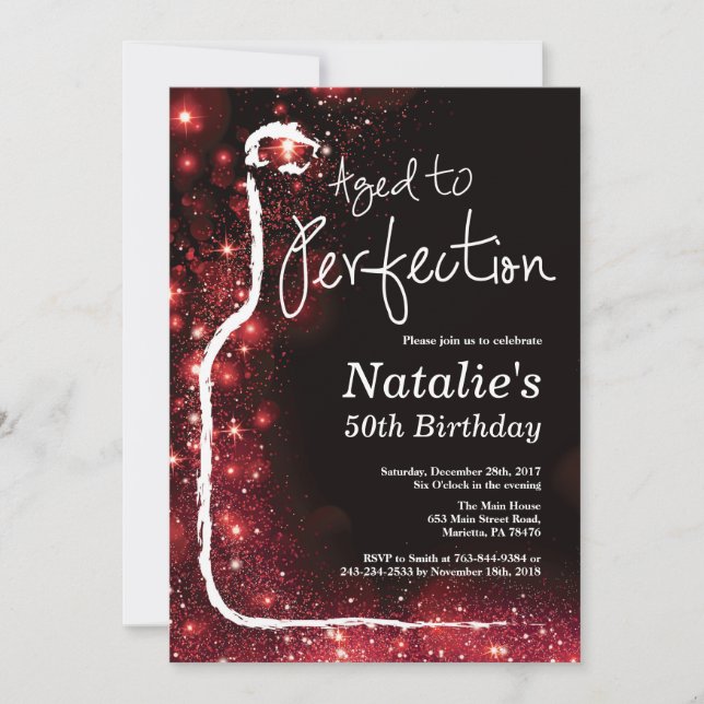 50th Wine Birthday Aged to Perfection Red Glitter Invitation (Front)