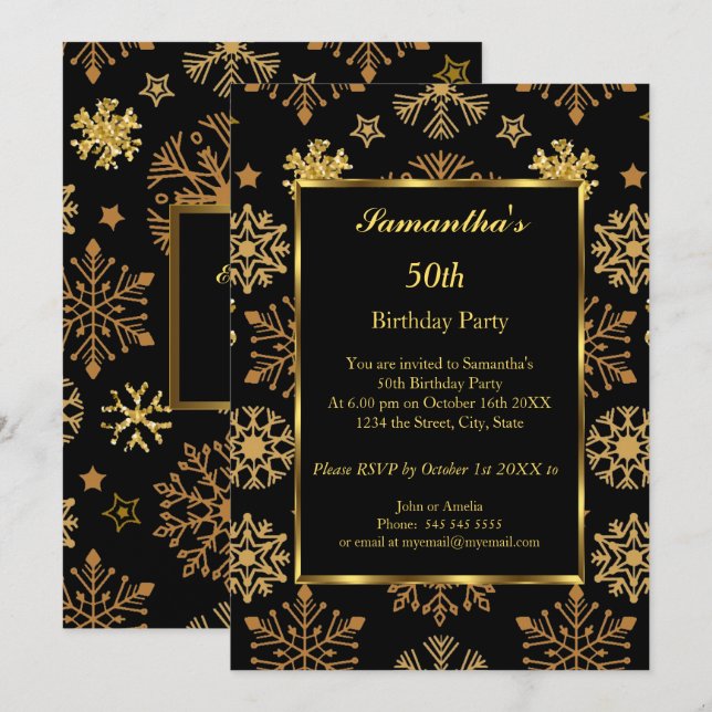 50th Winter Birthday Party Gold Black  Invitation (Front/Back)