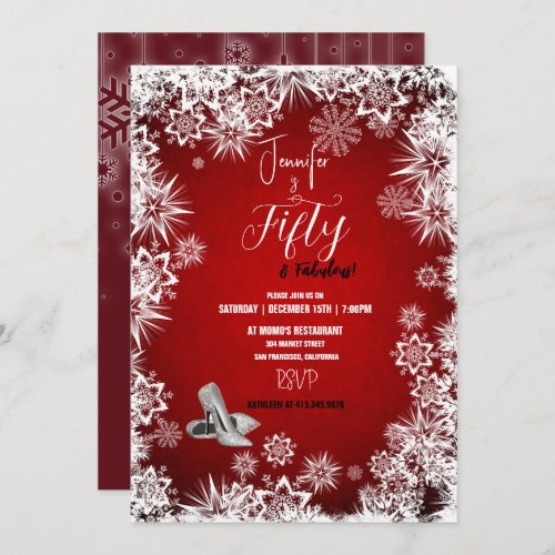 50th Winter Birthday Party Red Snowflakes  Invitation