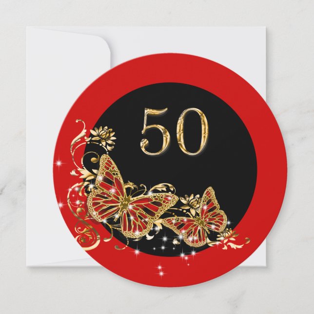 50th woman's birthday |  butterflies red gold invitation (Front)
