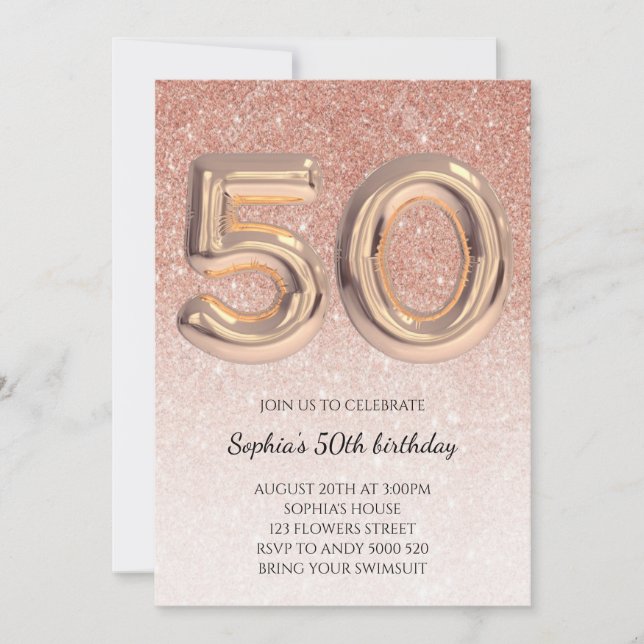 50th Women Birthday Rose Gold Glitter Elegant Invitation (Front)
