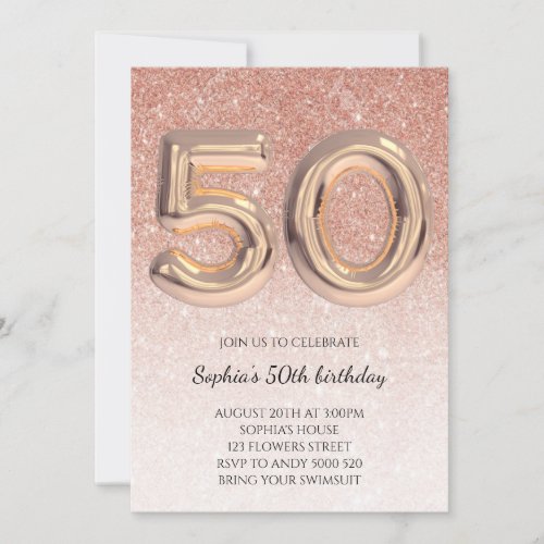 50th Women Birthday Rose Gold Glitter Elegant Invitation