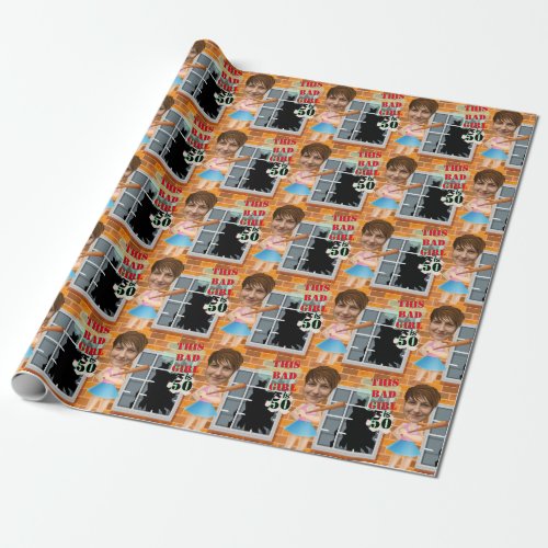 50th Womens Birthday Bad Girl Funny Face Cut_out Wrapping Paper