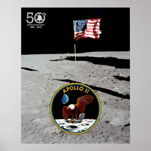 50th Years Moon Landing insignia  American flag Poster