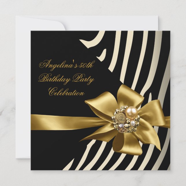 50th Zebra Gold Cream Black Birthday Party Invitation (Front)
